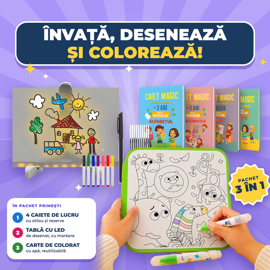 Set Educativ pentru Copii – 4 Caiete de Lucru, Tablă de Desenat LED și Carte de Colorat cu Apă